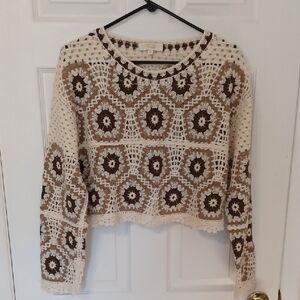 Rebellion Sz M, Floral Crochet Sweater in Cream and Shades Of Tan & Brown.